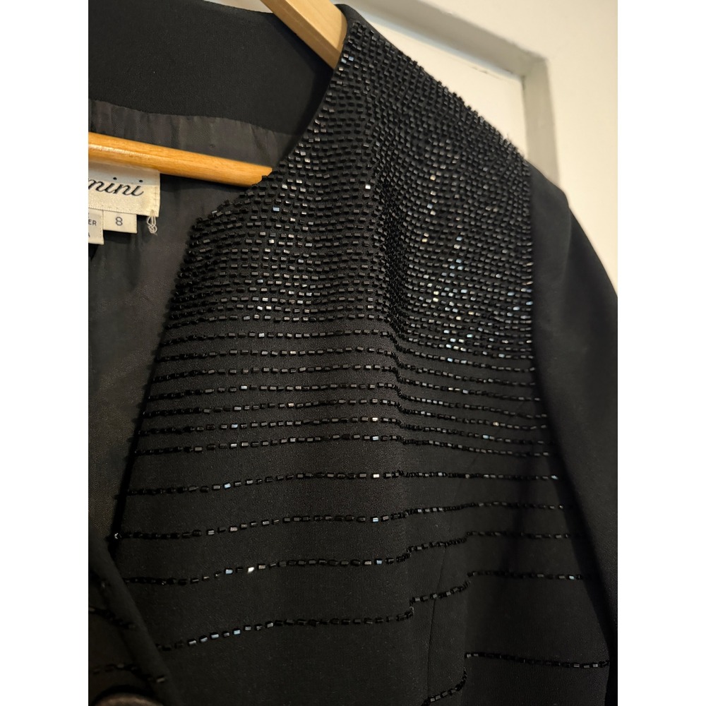 VTG Rimini Black Beaded Evening Jacket Womens 8 V-Neck Satin Button Blazer - Picture 14 of 14